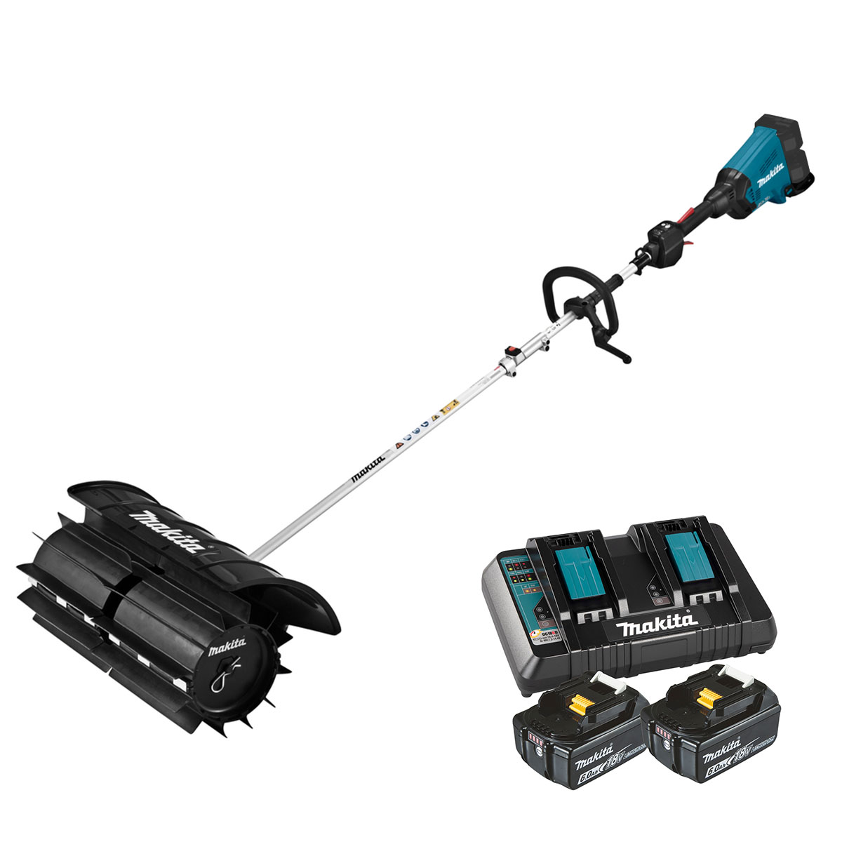 Makita DUX60Z Akku-Multifunktionsantrieb inkl. Kehrwalzenaufsatz SW400MP und Akku-Set