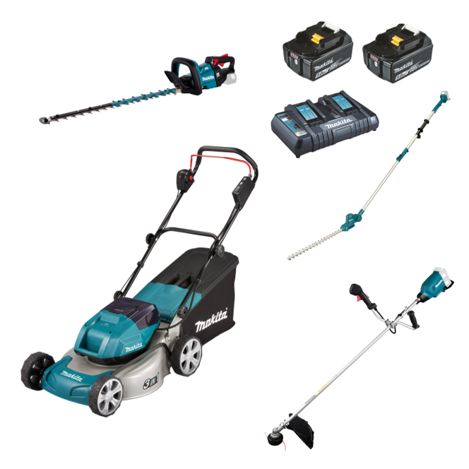 Makita 18V Akku Gartenset - Rasenmäher, Heckenschere, Freischneider